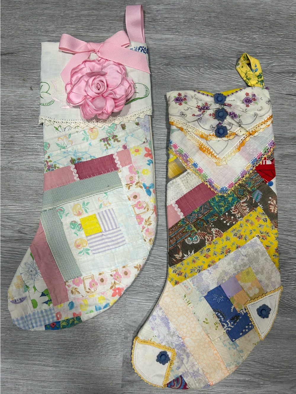 Vintage Floral Patchwork old quilts Stocking - set is handmade from old quilts.